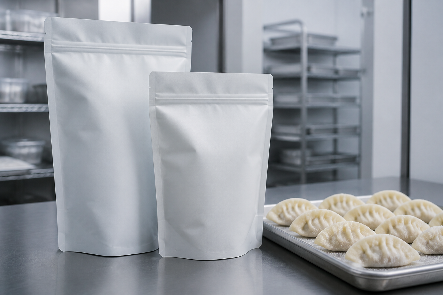 Unbranded frozen dumpling stand-up pouches with representative dumplings on a clean cold-chain workbench
