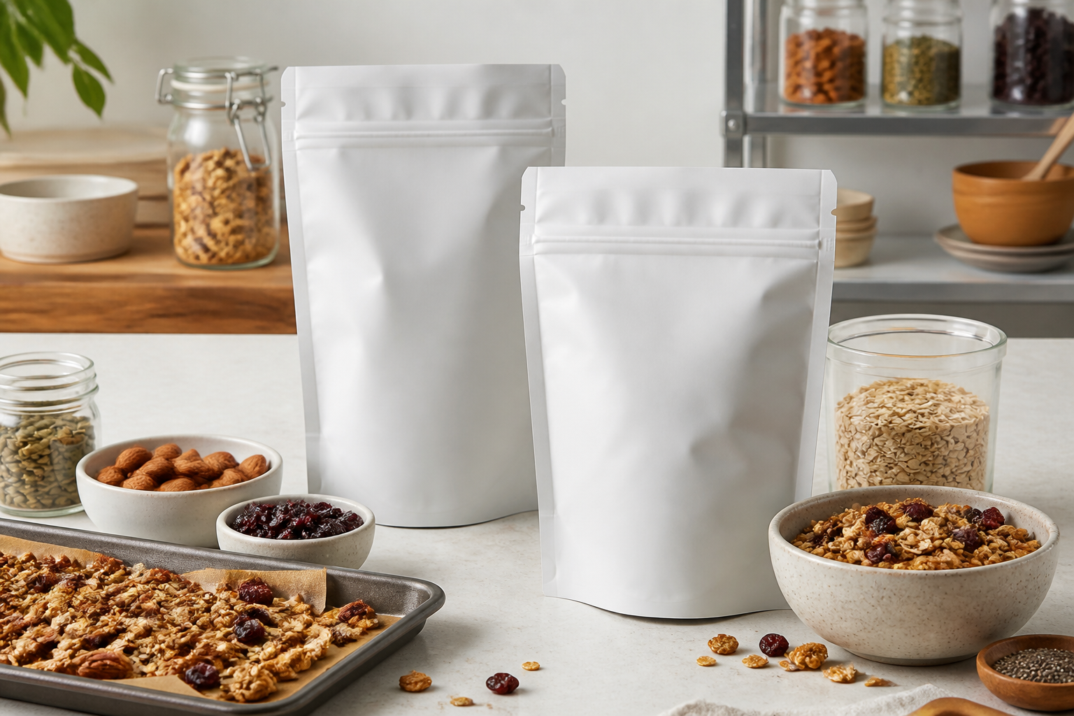 Unbranded resealable granola pouches with oat clusters, nuts and dried fruit on a clean product-development table