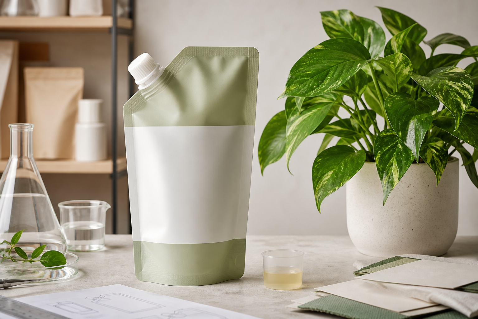 Unbranded liquid plant food spout pouch with a cap, measuring cup and houseplant workbench