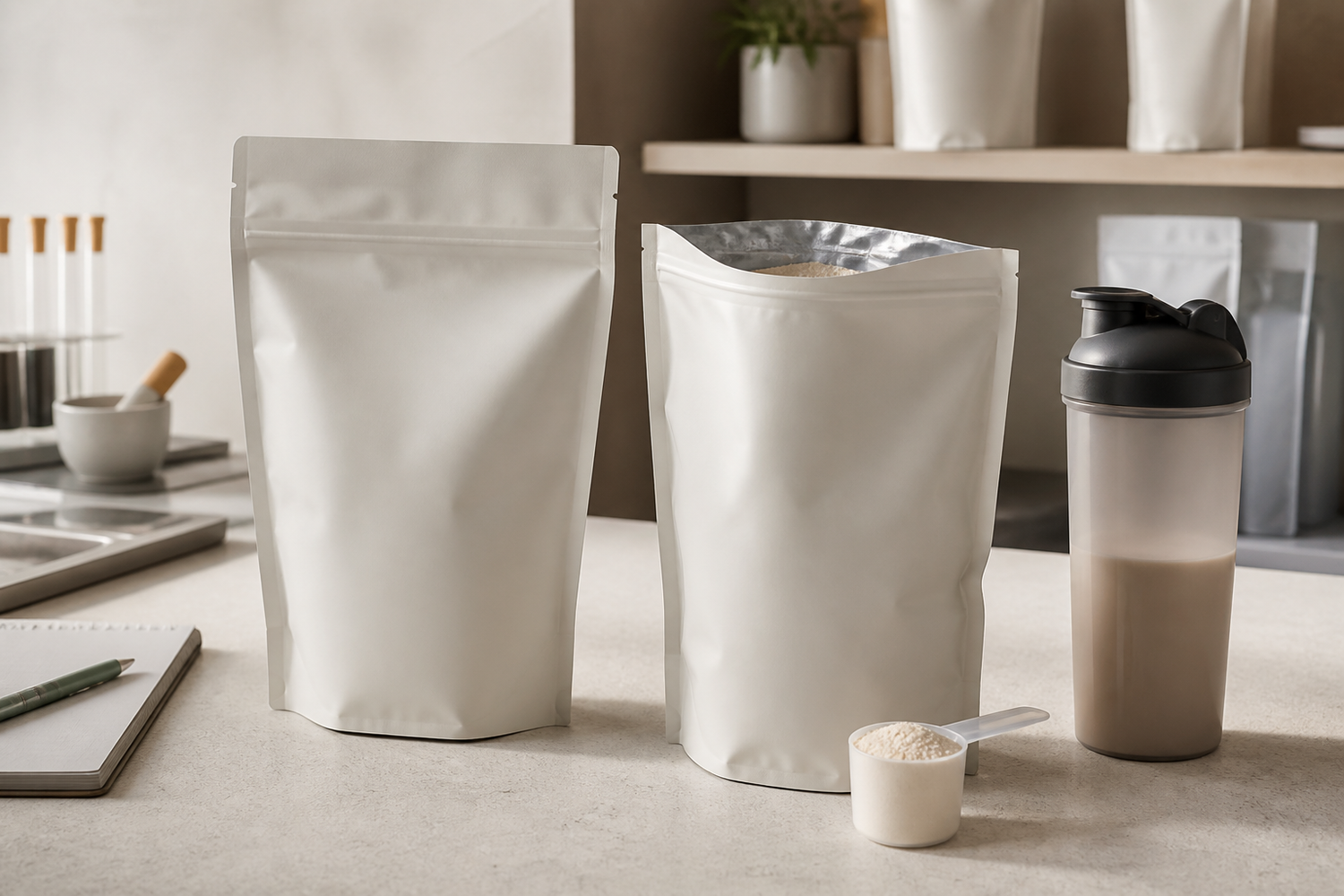 Unbranded protein powder stand-up pouches with a scoop and shaker on a clean product-development workbench