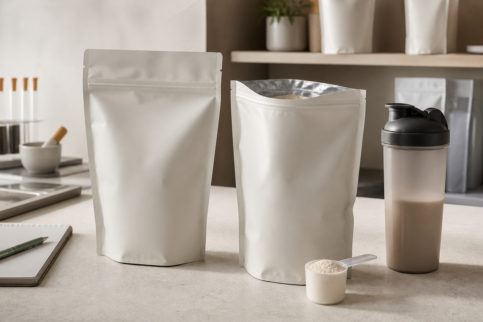 Unbranded protein powder stand-up pouches with a scoop and shaker on a clean product-development workbench