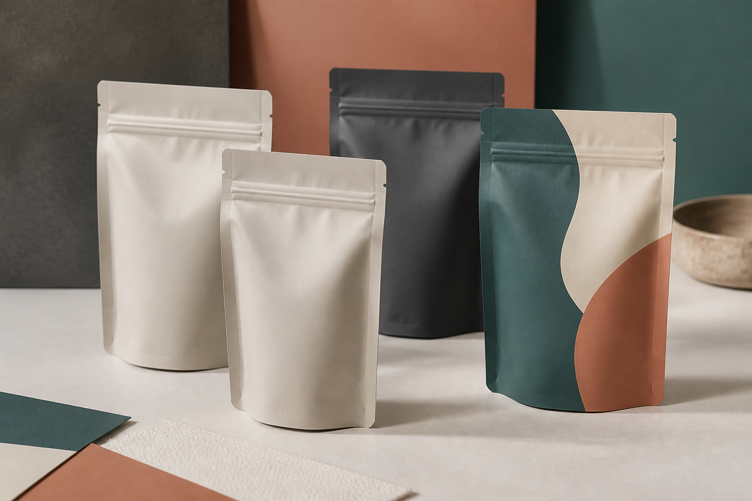 Unbranded stock and custom stand-up pouch routes arranged for a first-run packaging decision