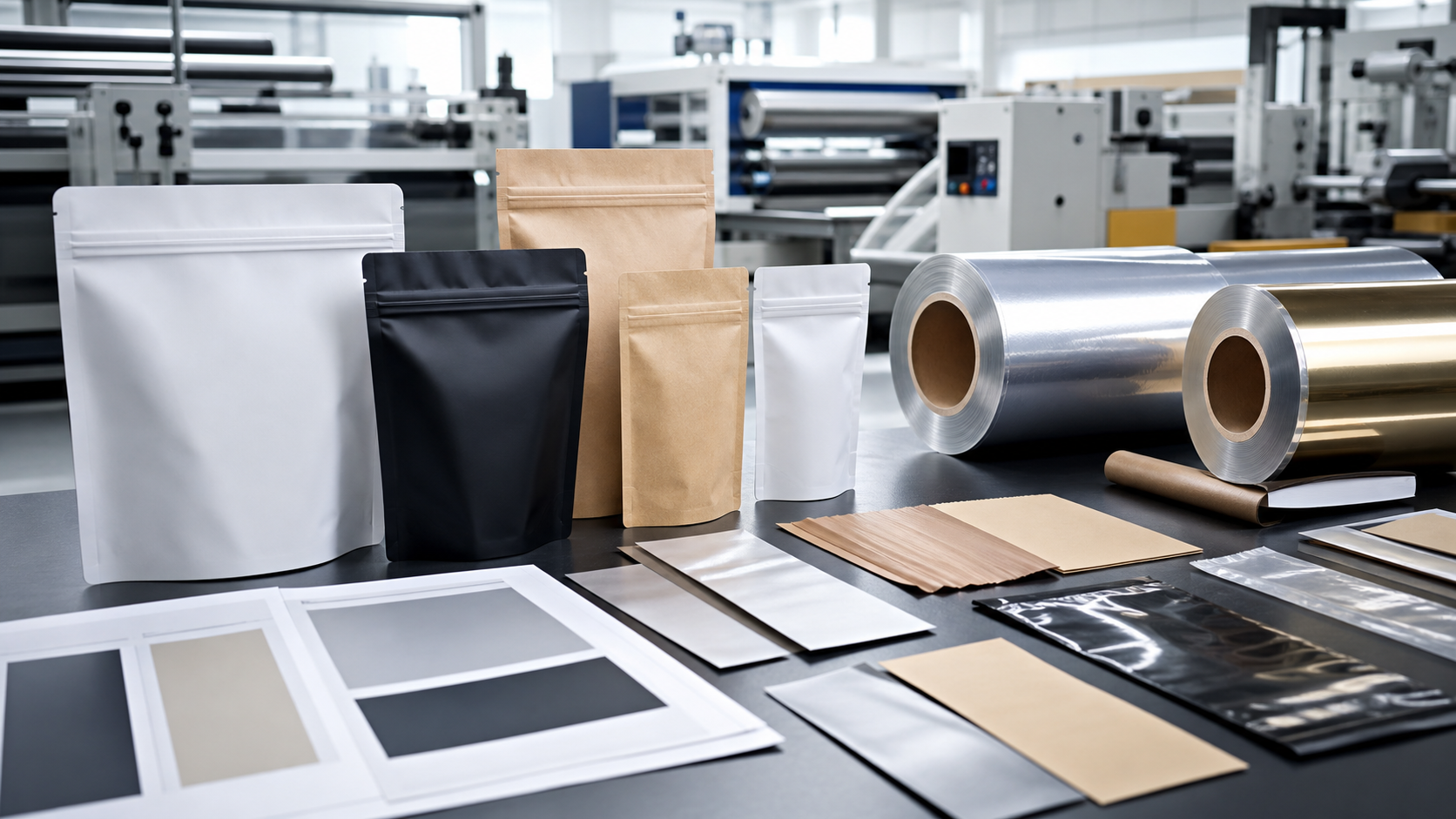 CBD packaging bags material samples on a packaging procurement desk