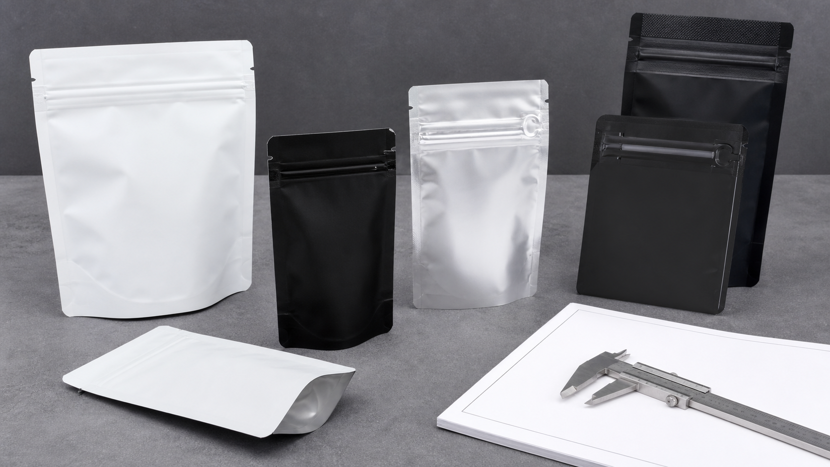 Unbranded child resistant Mylar pouch formats beside a packaging specification sheet
