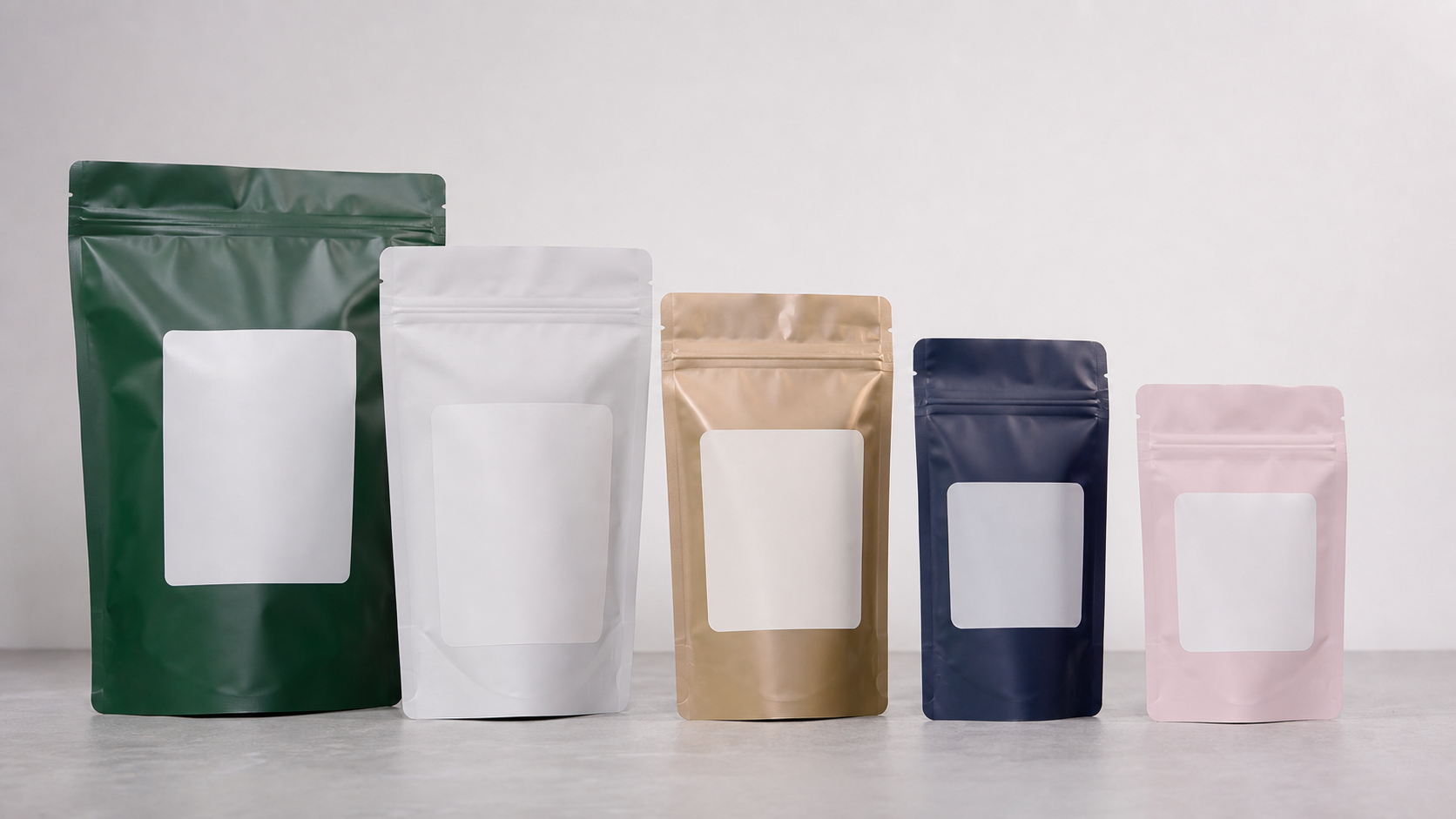 Coordinated multi-SKU Mylar pouch family with blank variable label zones