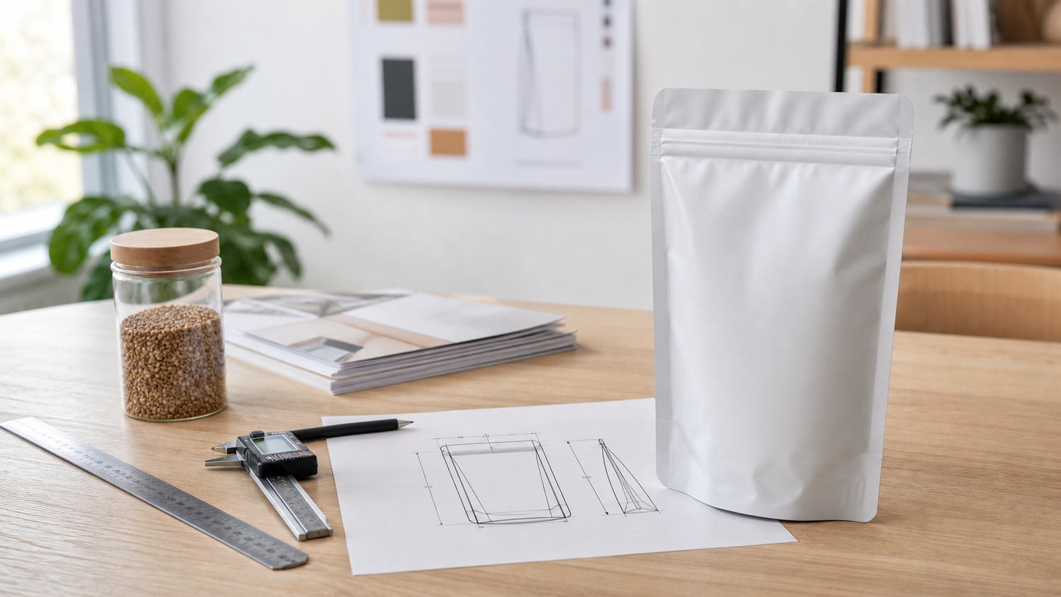 Custom pouch size planning with ruler, caliper, fill sample and dieline sketch