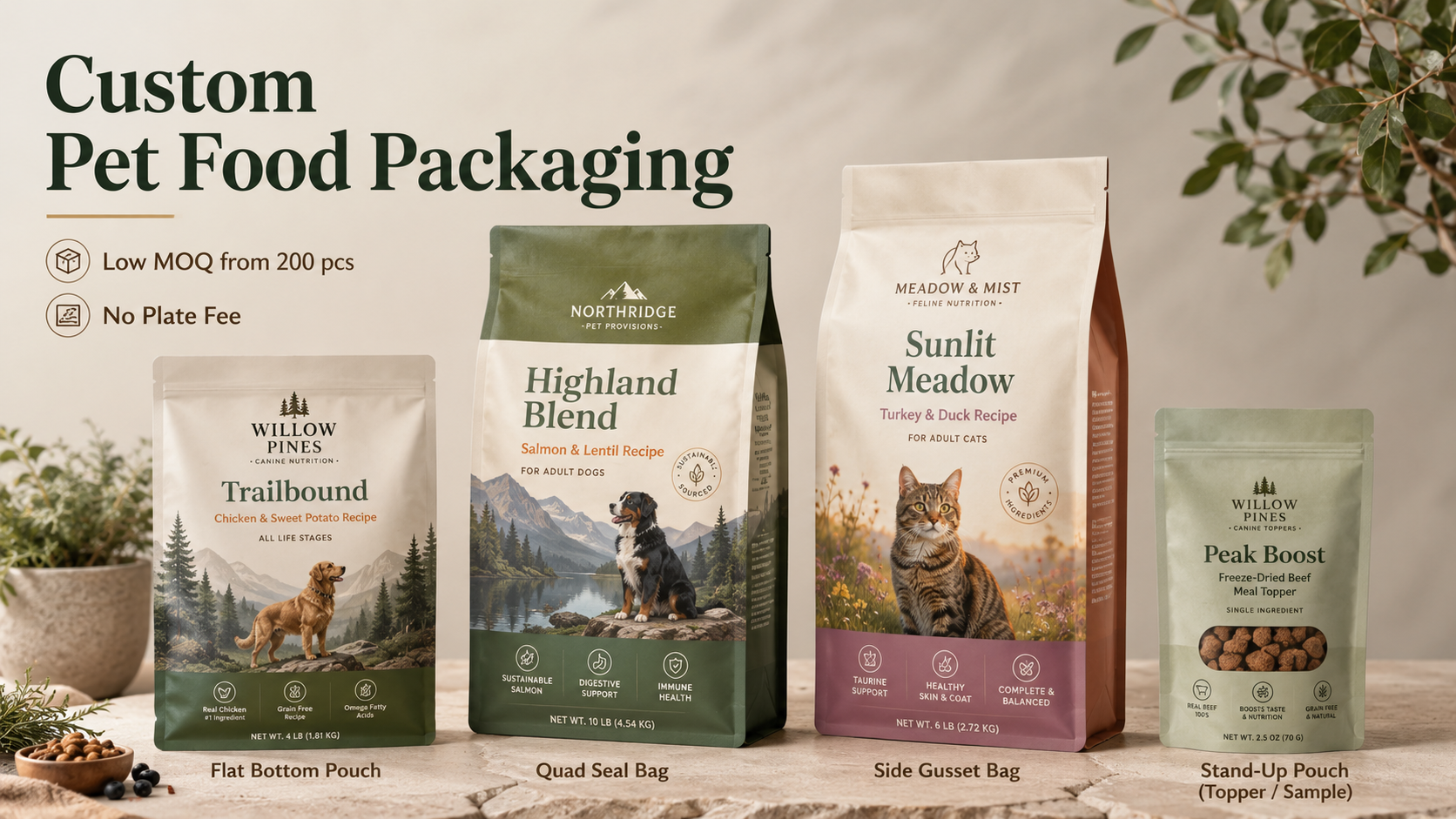 Custom packaging options for pet food brands across dry food, treats and supplements