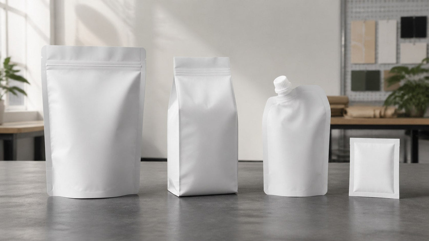 Unbranded fertilizer pouch format family showing dry powder, granules, liquid spout, and trial sachet geometries