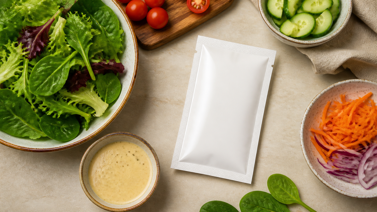 Blank flat salad dressing sachet beside a prepared salad
