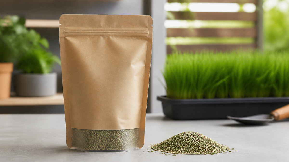 Unbranded resealable grass seed stand-up pouch beside loose seed