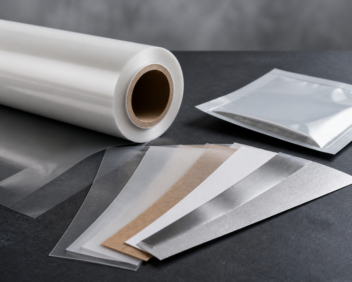 Unprinted flexible-packaging laminate swatches and rollstock for a supplier brief
