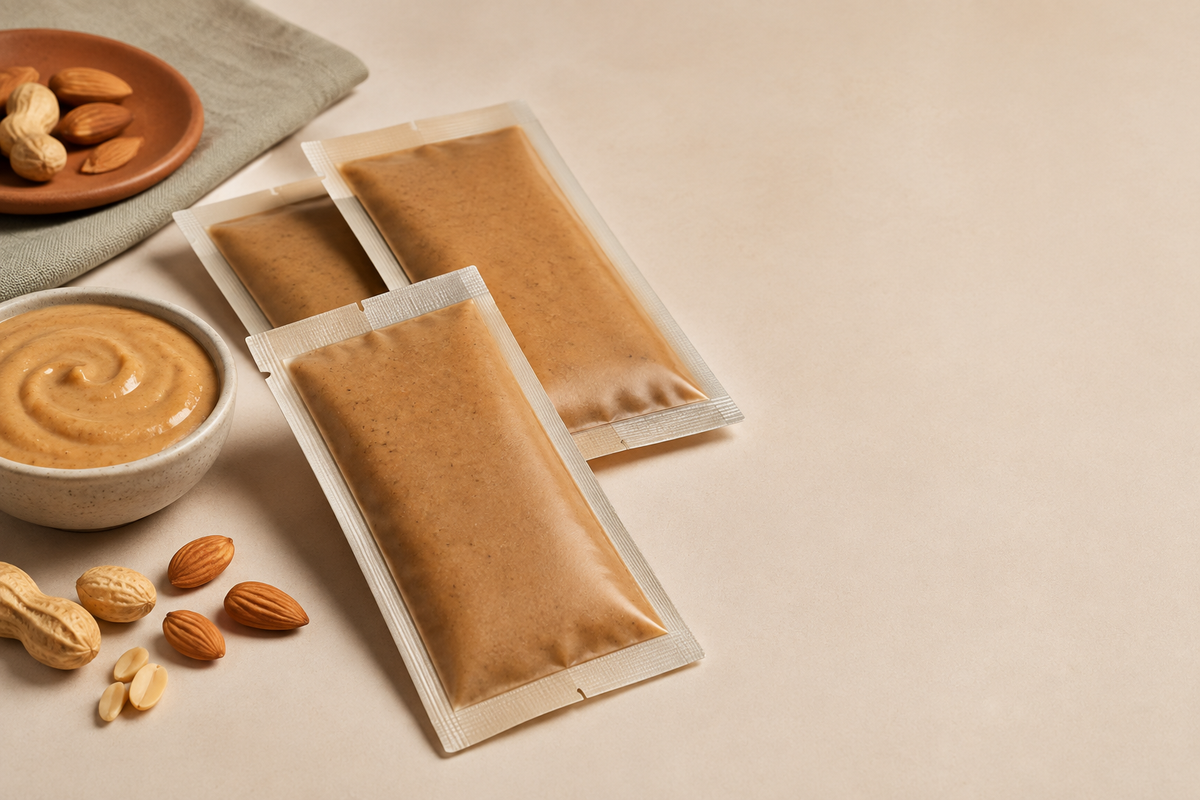 Unbranded flat three-side-seal sachets filled with nut butter arranged with a neutral bowl and nuts