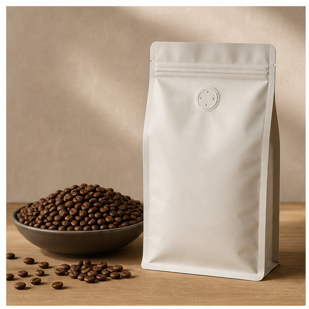 Blank coffee pouch with a degassing valve beside roasted coffee beans