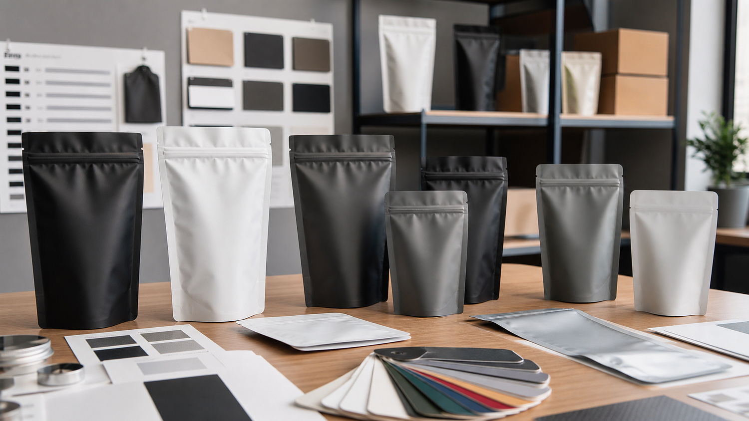 Unbranded custom Mylar bag samples for packaging review