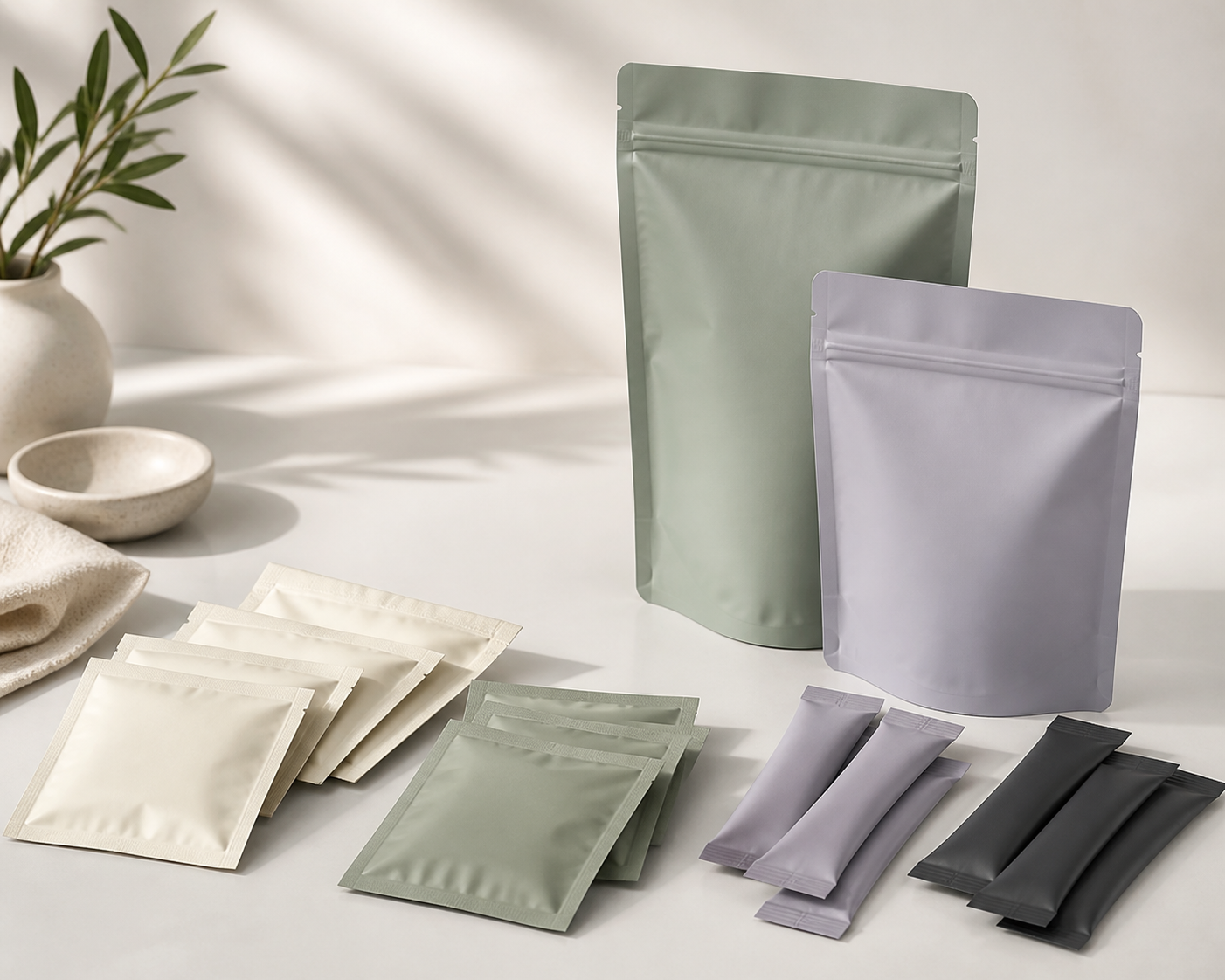 Unbranded vitamin sachets, stick packs, and resealable pouches arranged by serving format