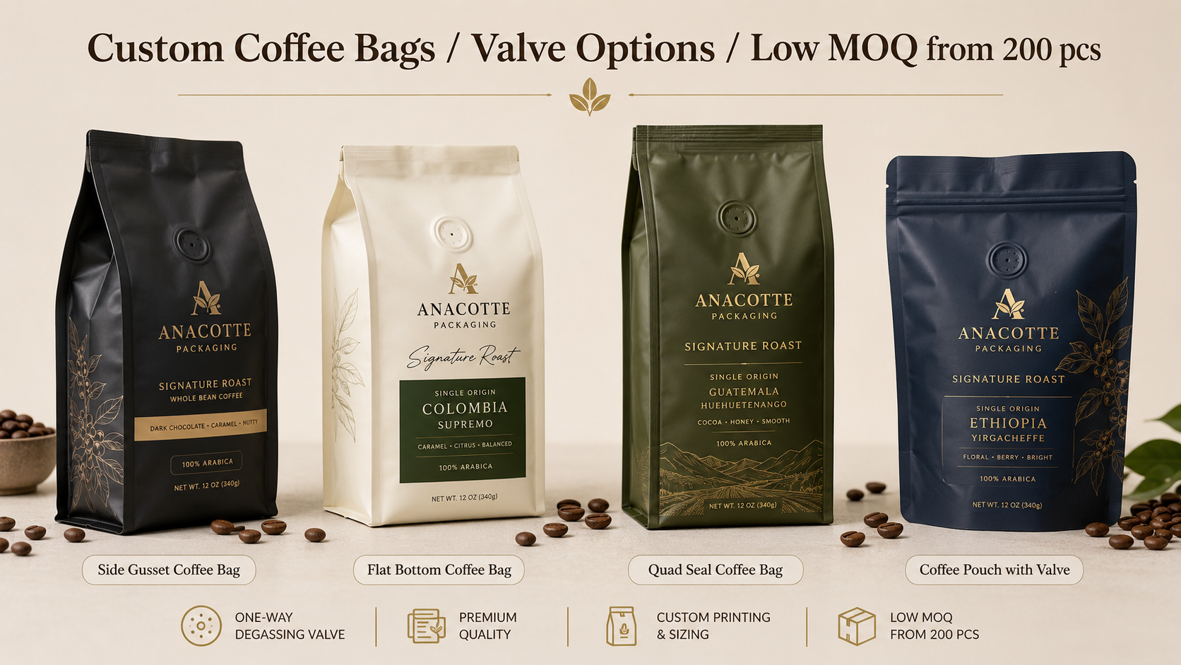 Custom coffee bag packaging options for roasters, origin drops and retail samples