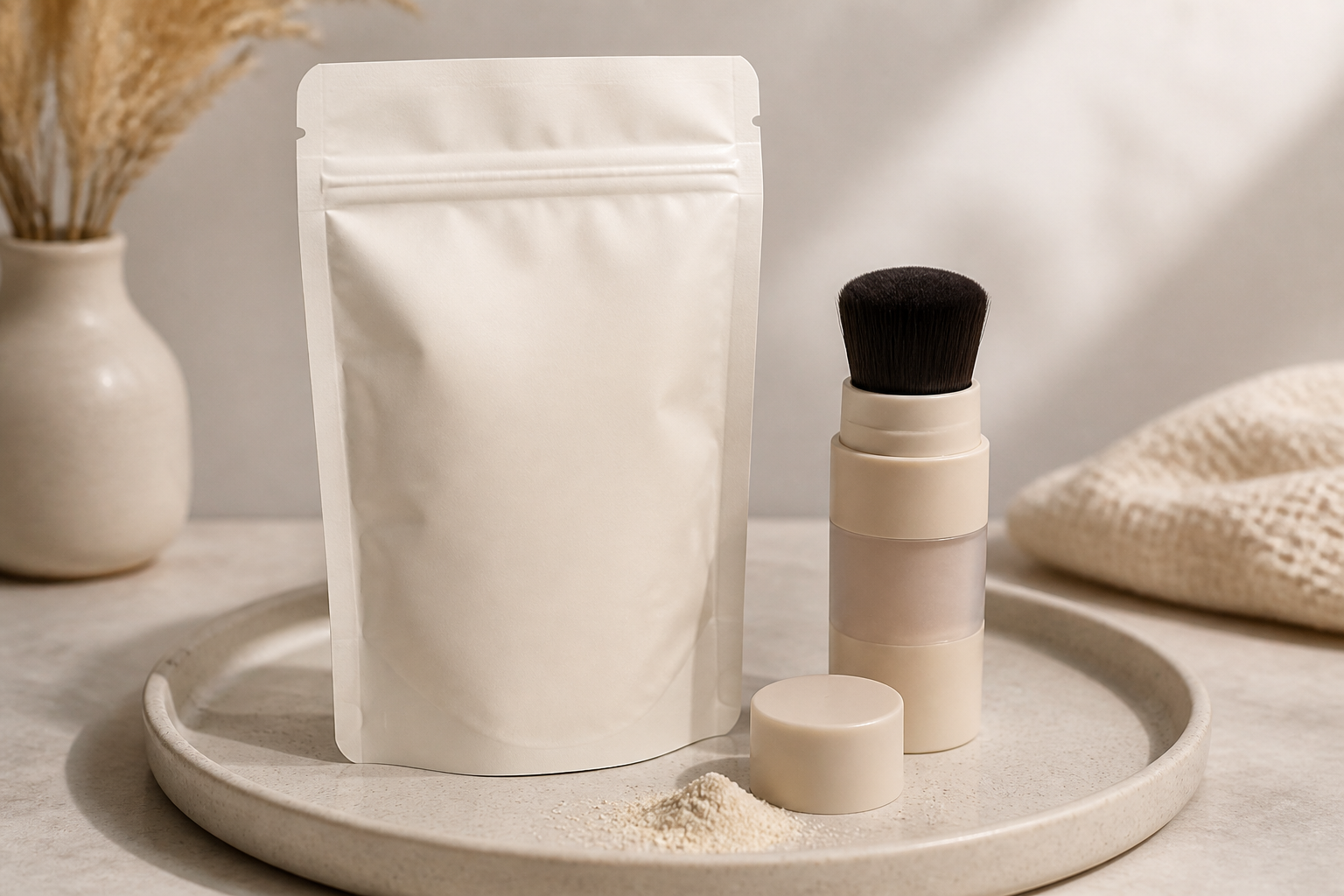 Unbranded dry shampoo powder refill pouch beside a reusable cosmetic powder applicator and shallow tray