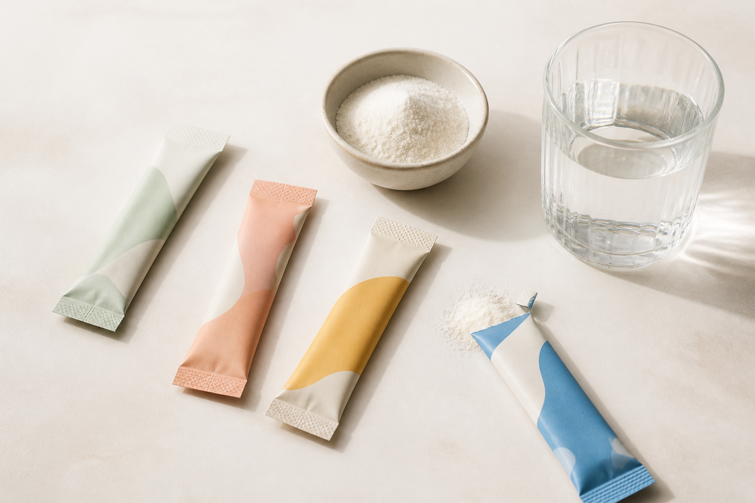 Unbranded electrolyte powder sachets beside powder and a glass of water
