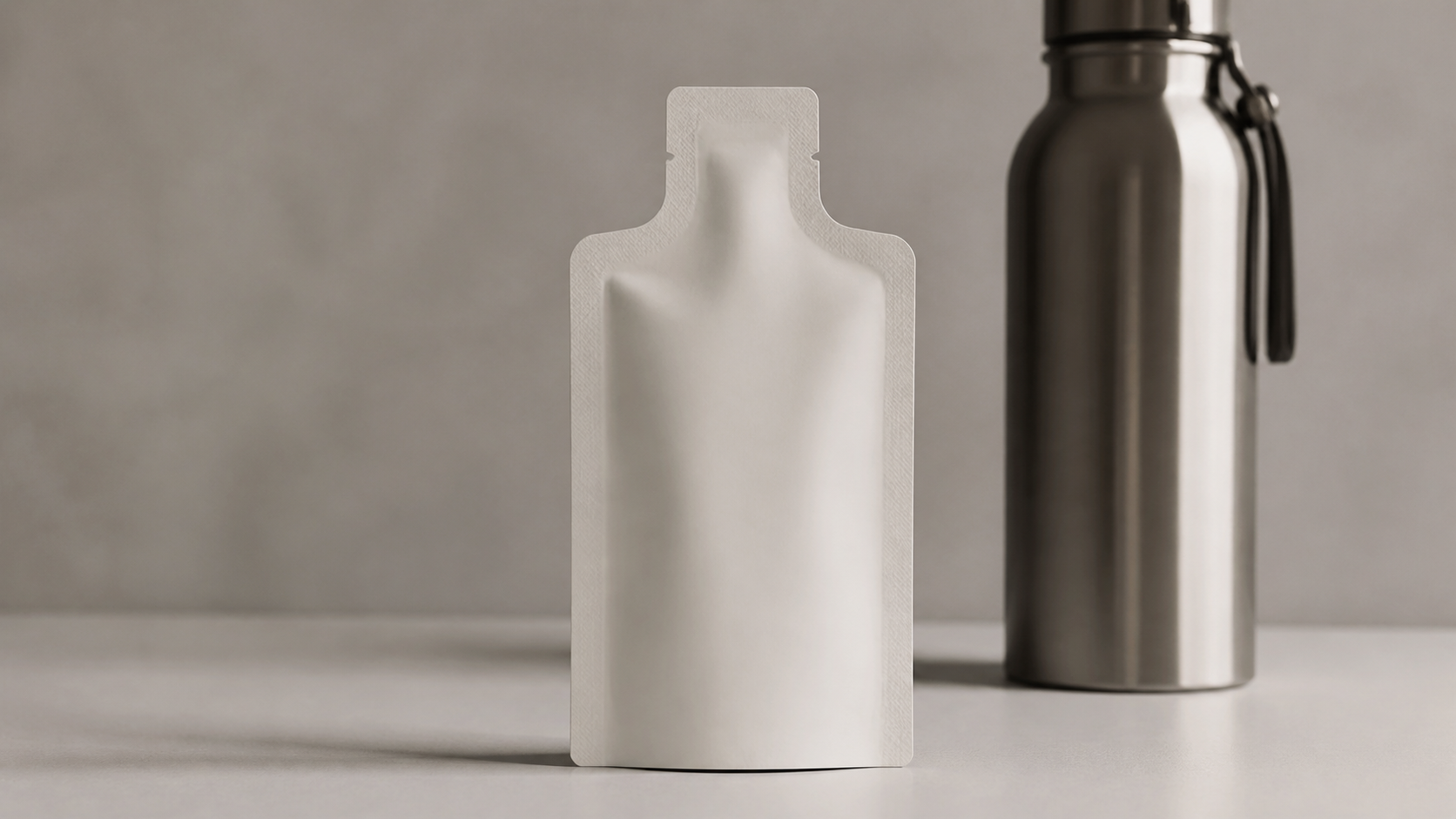 Unbranded single-serve energy gel pouch beside a sports bottle
