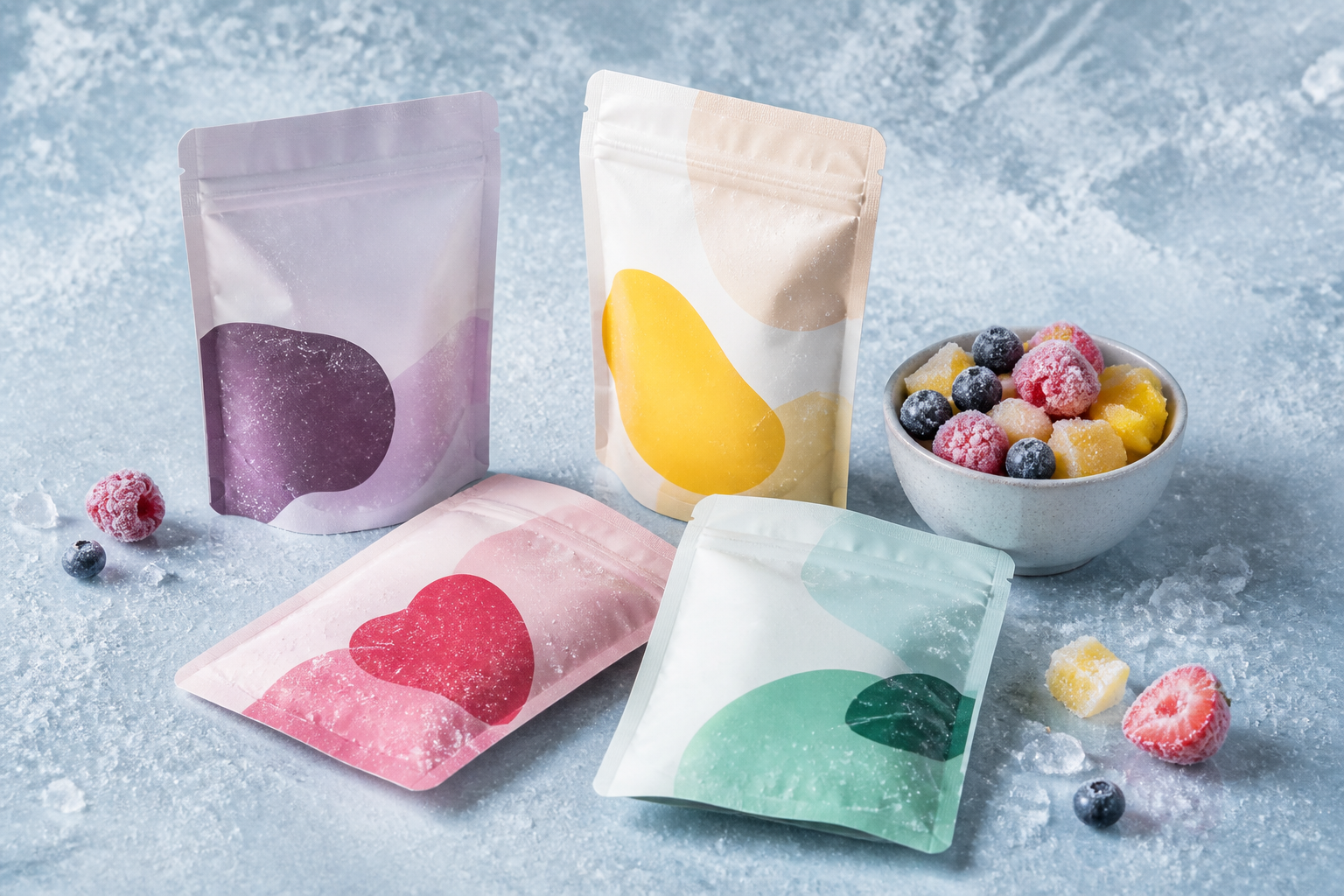 Unbranded frozen smoothie pouches beside frosted berries and fruit pieces