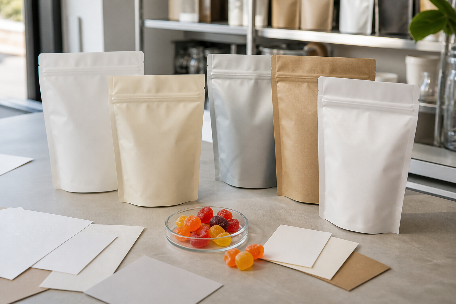 Unbranded resealable gummy supplement pouches with gummies on a clean packaging workbench