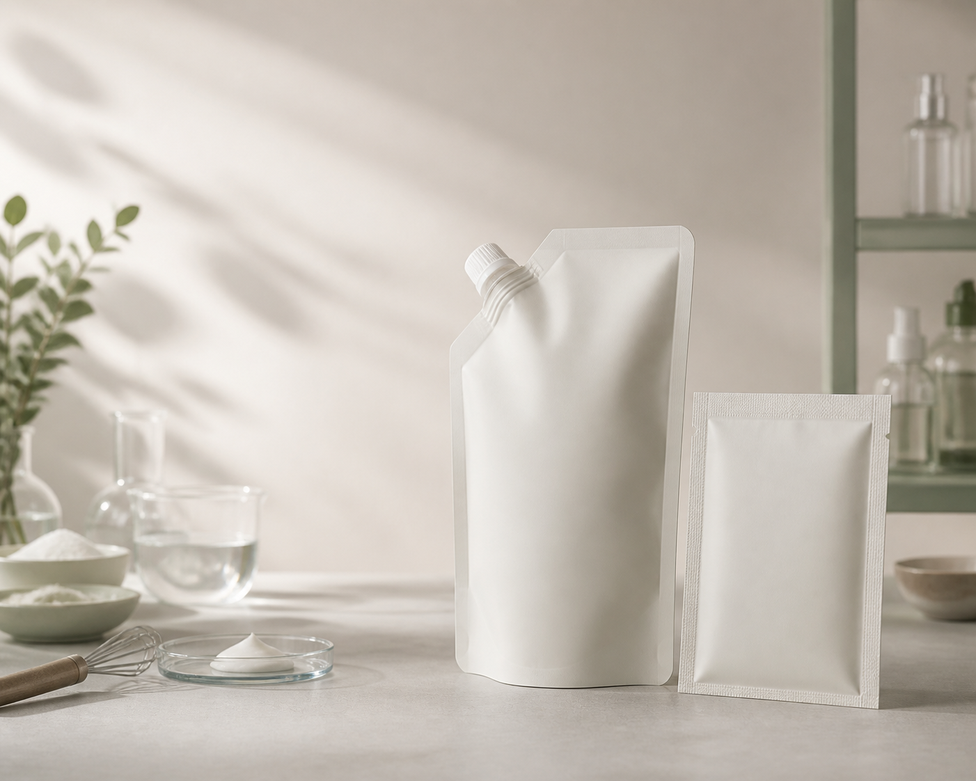 Unbranded hair mask spout pouch beside a sealed flat sachet on a beauty formulation worktable