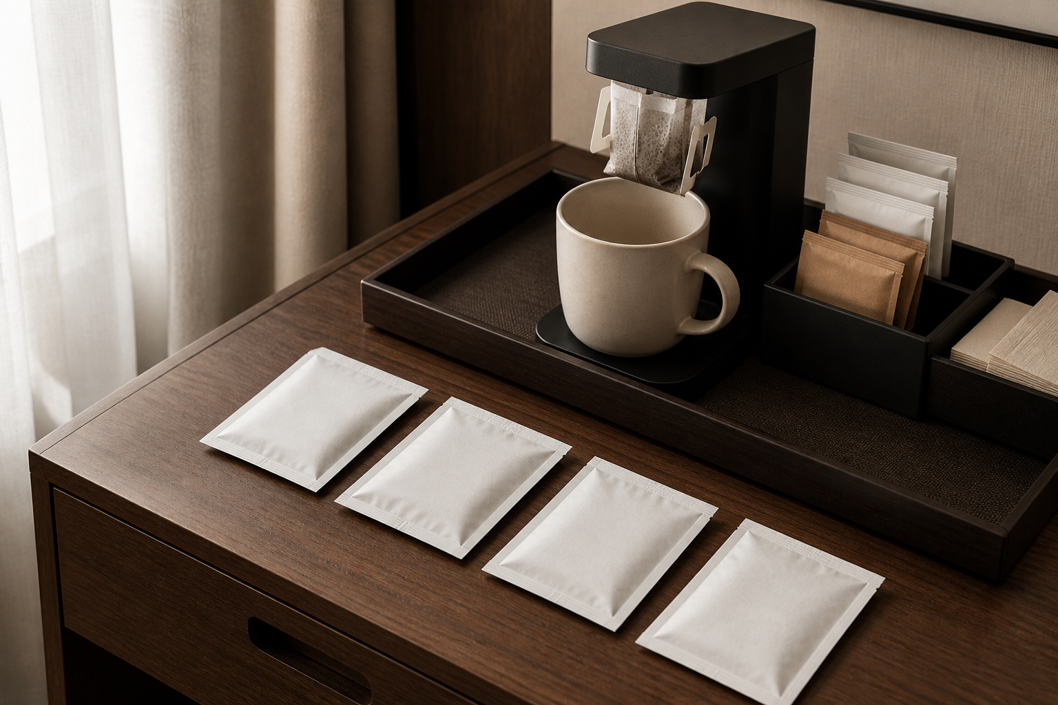 Unbranded single-serve coffee sachets on a hotel amenity tray with a cup and compact brewer