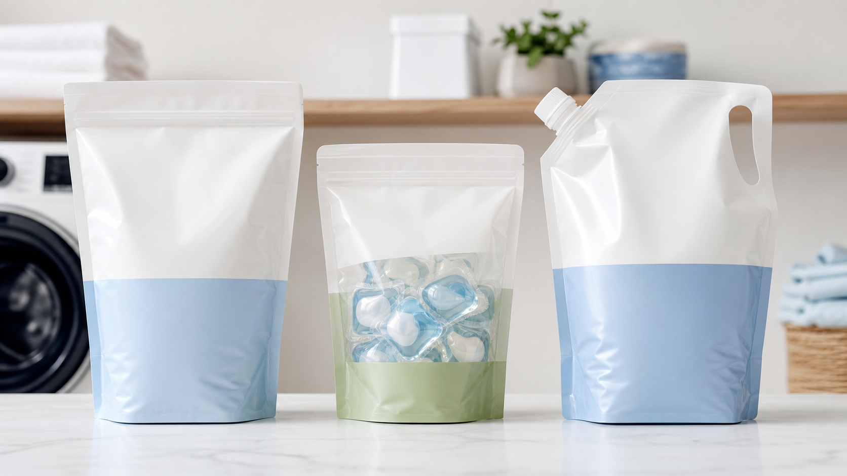 Laundry detergent pouch format comparison for powder pods and liquid