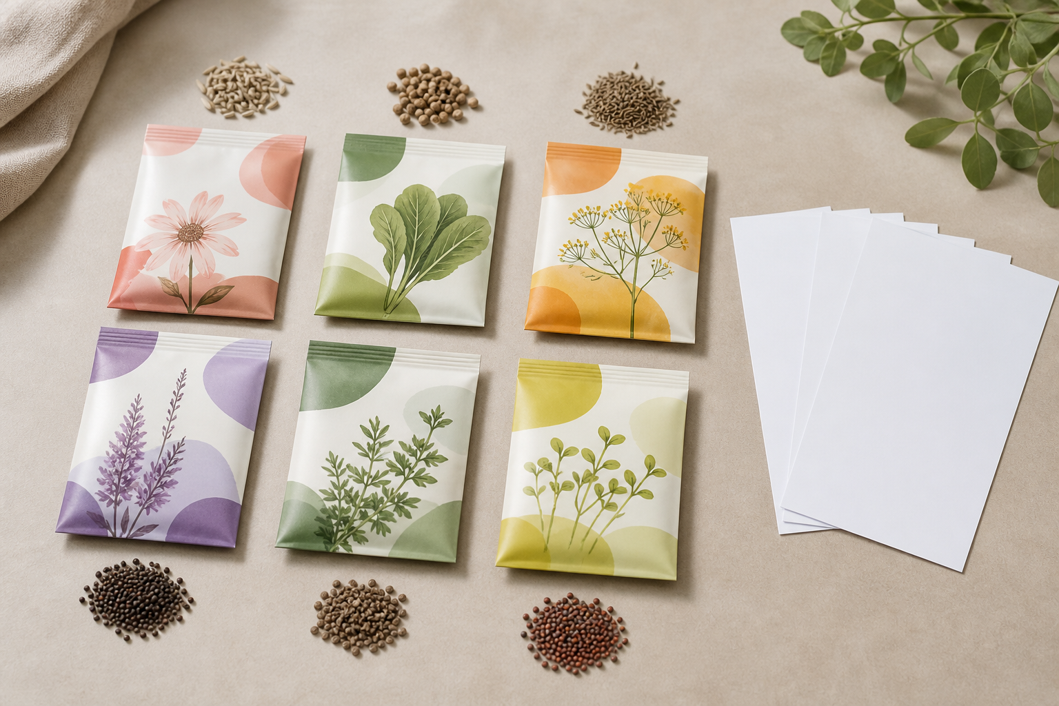 Unbranded custom seed packet family with loose seeds and blank proof sheets