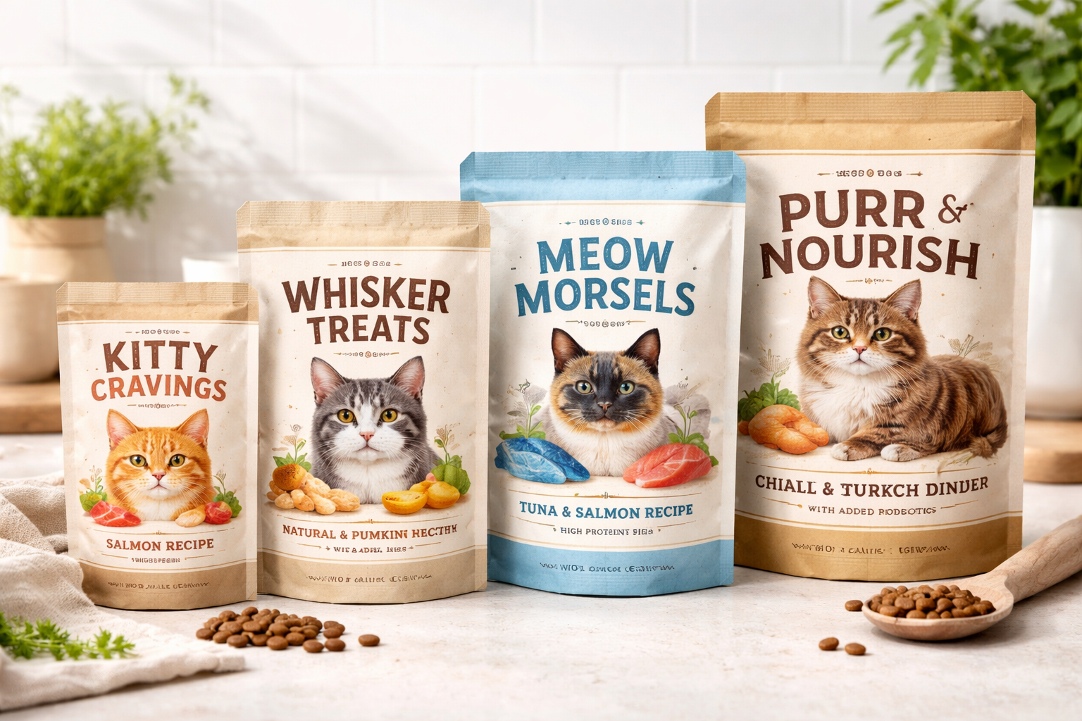 Cat food packaging bags for kibble, wet toppers and recipe trials