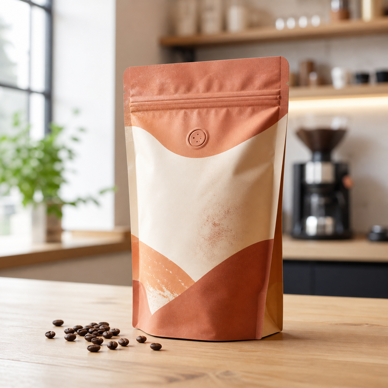 Decaf coffee bean pouch with one-way degassing valve
