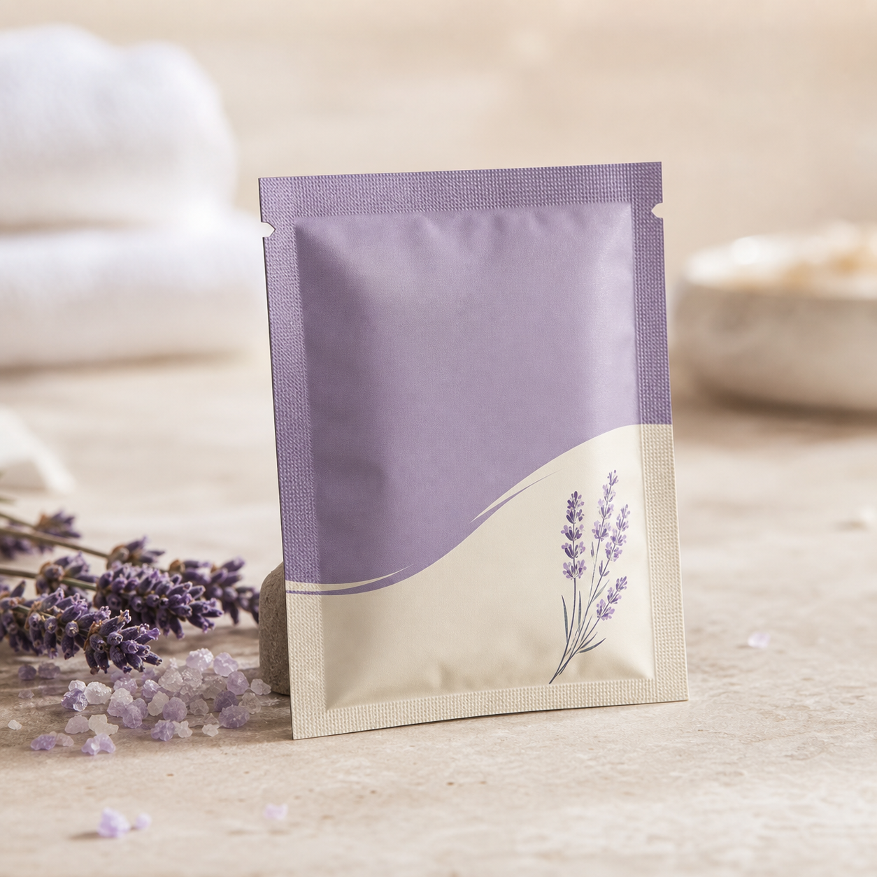Aromatherapy bath salt sample sachet for spa trials