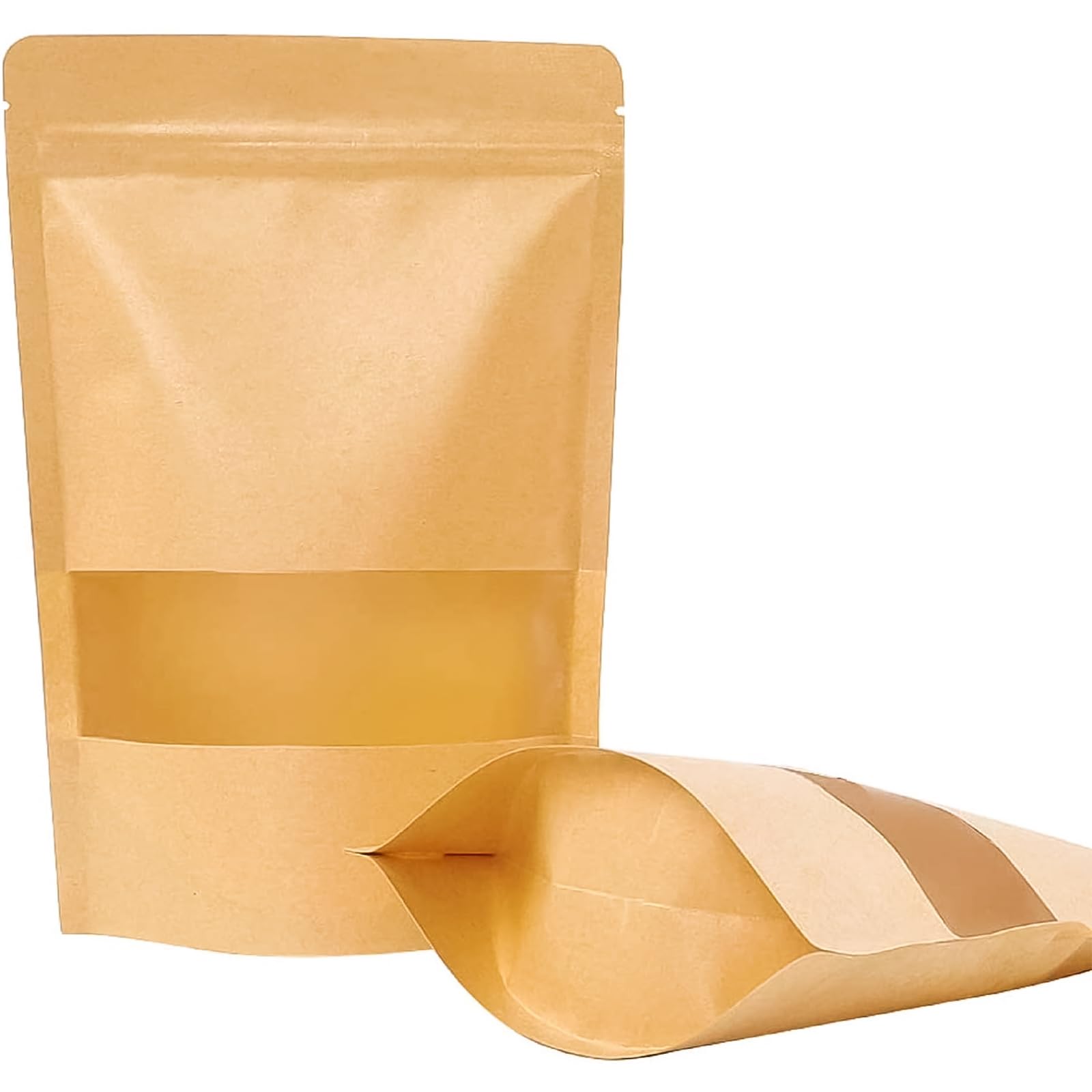 100 pcs Food & Snack Packaging, Kraft Paper, Clear Window Stand Up Pouches