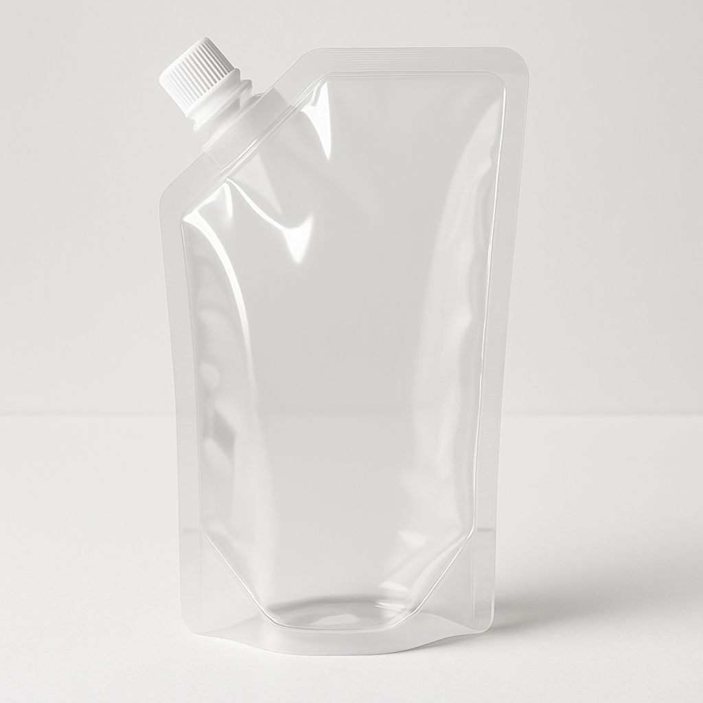 100 pcs Clear Angled Spout Pouches with 8.6mm Small Cap – PE & PET Liquid Packaging Bags