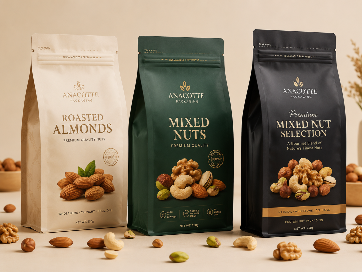 Custom Nut Packaging Pouches | Flat Bottom Nut Bags