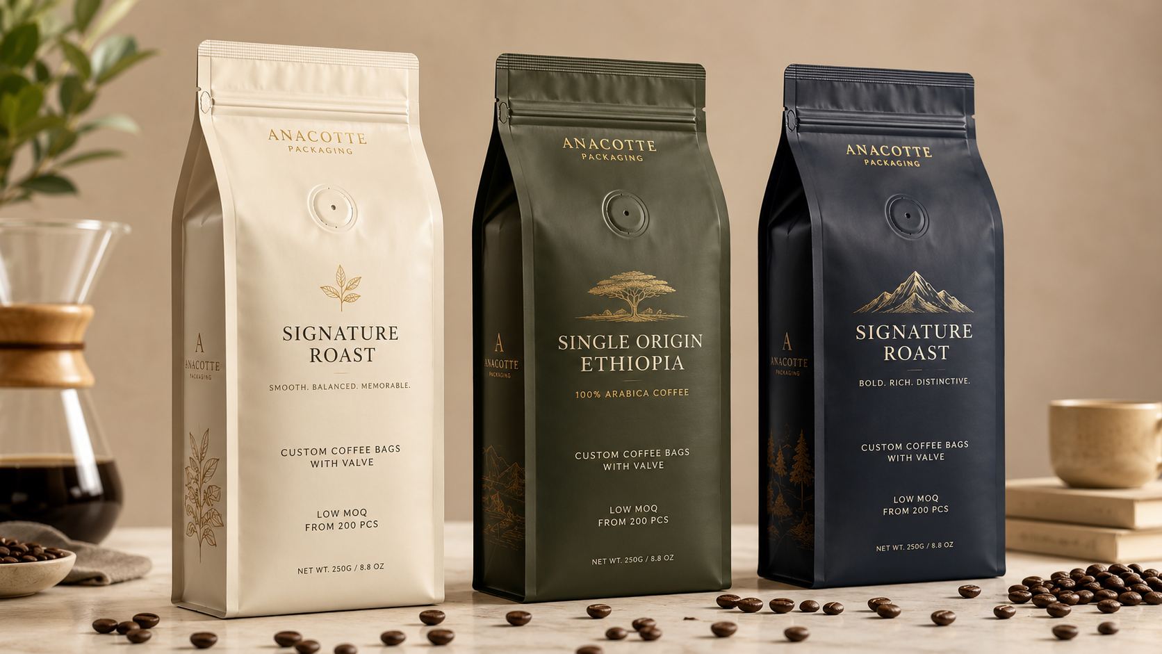 Custom Quad Seal Coffee Bags with Valve