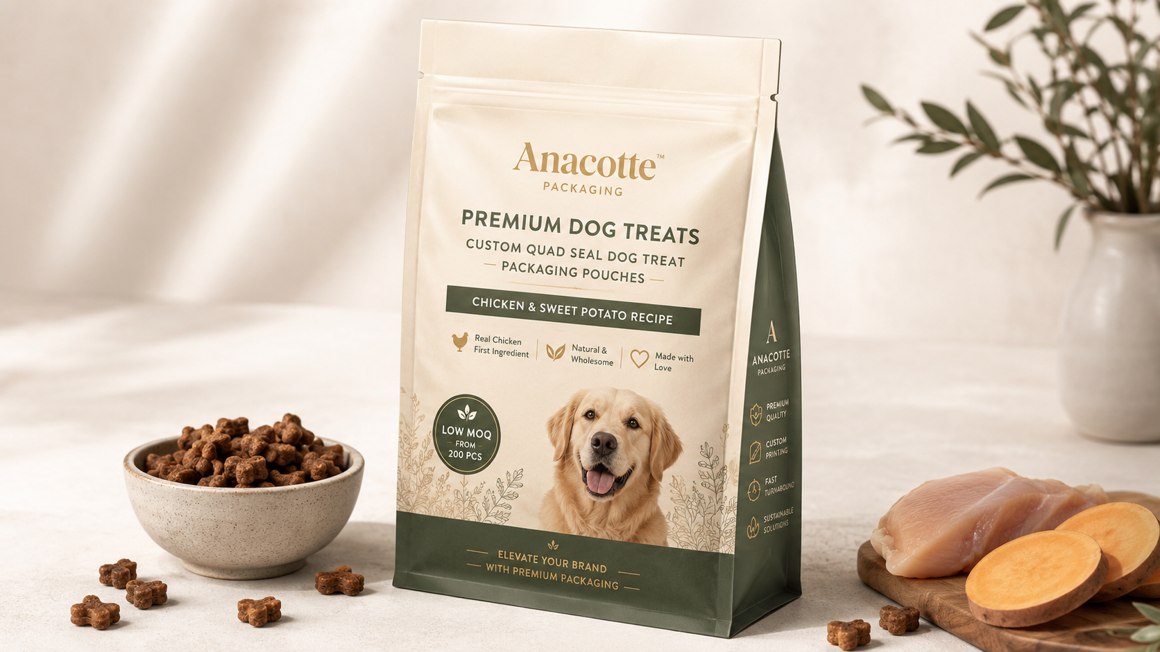 Custom Quad Seal Dog Treat Packaging Pouches