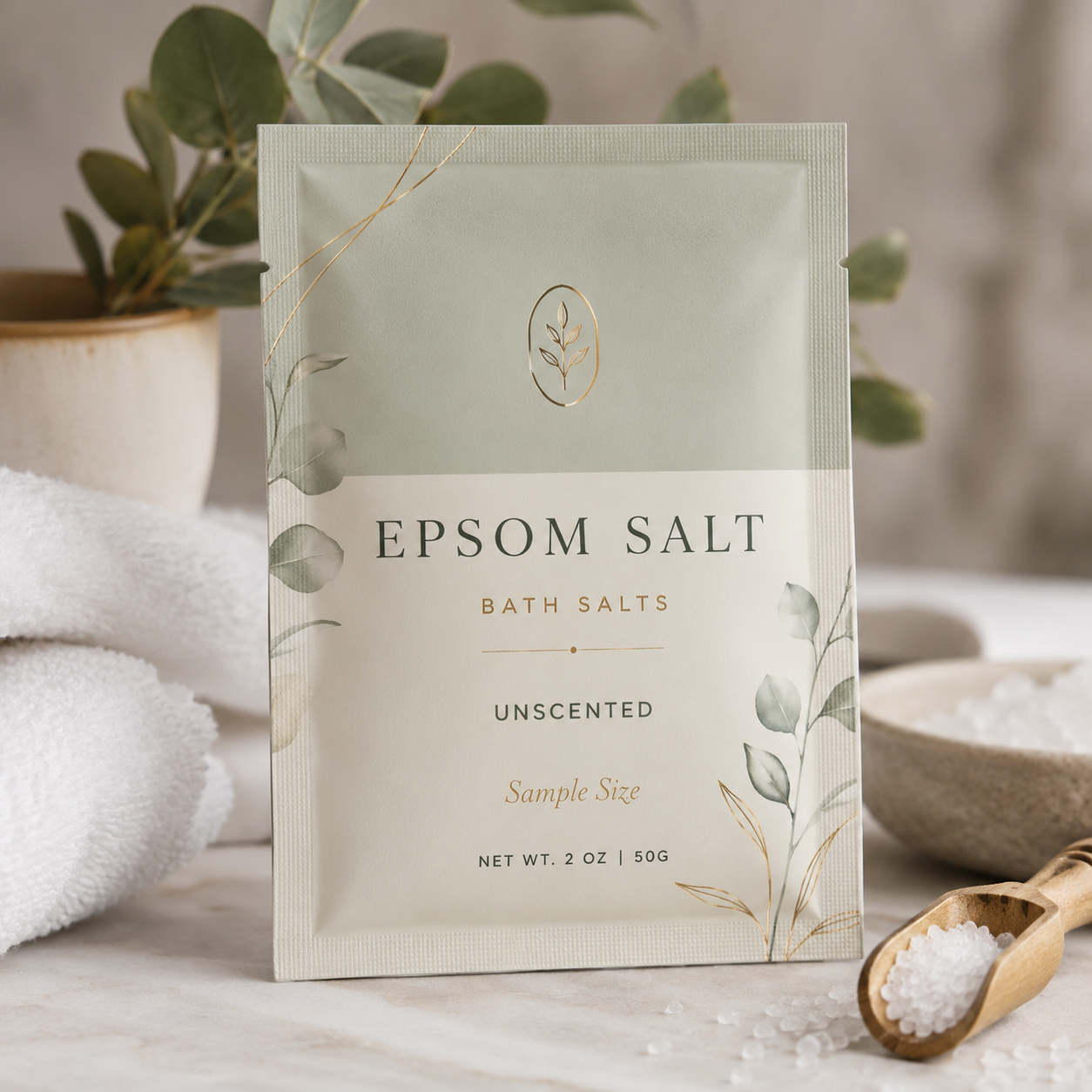 2 oz / 50g Mini Bath Salt Sachet Pouch | Sample Size Spa & Wellness Packaging