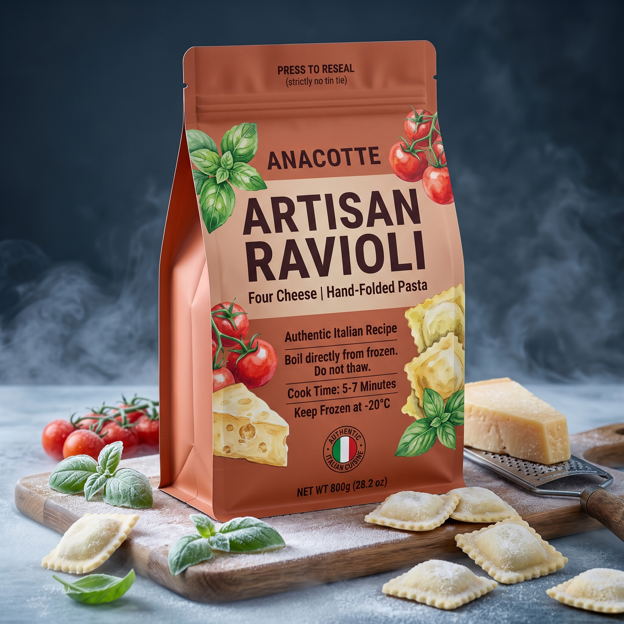 Cold-crack resistant flat pouch packaging for frozen pasta and ravioli