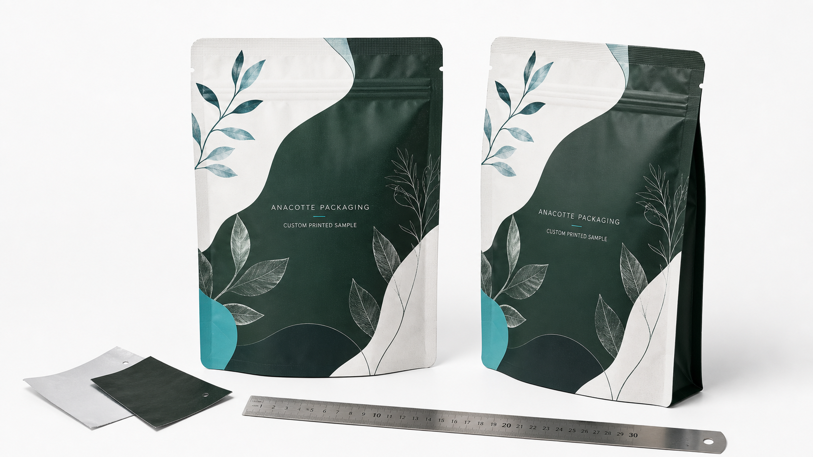 Two custom printed flexible packaging sample pouches with material swatches and ruler for size and material confirmation