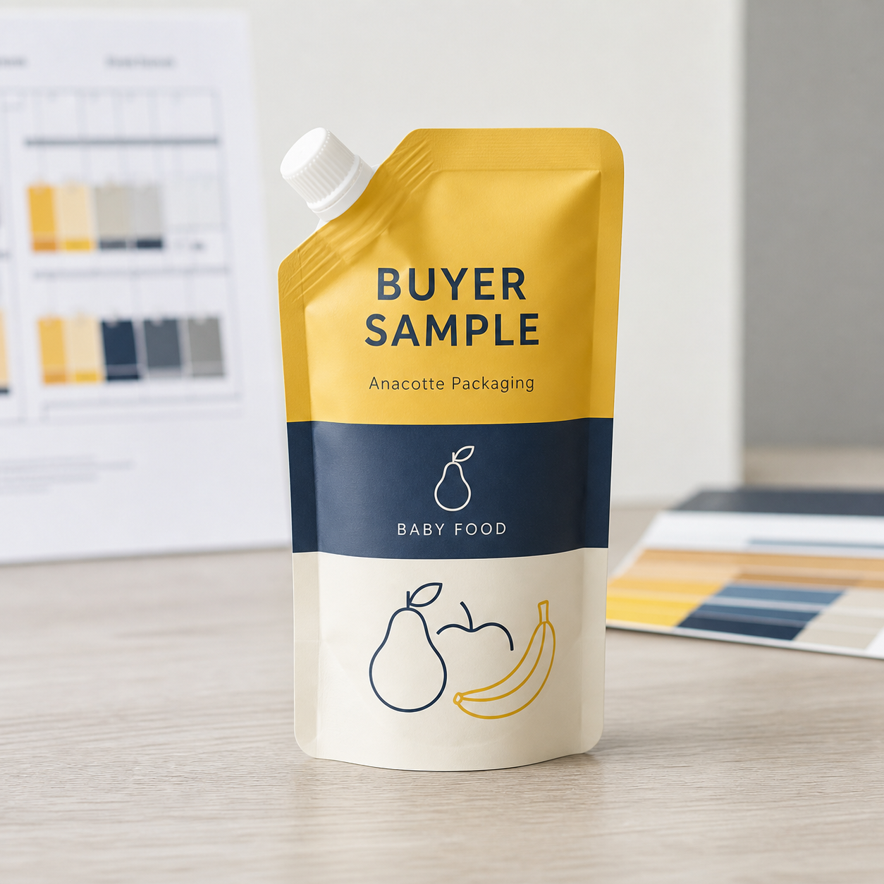 Baby food retail buyer sample pouch for a multi-SKU pilot