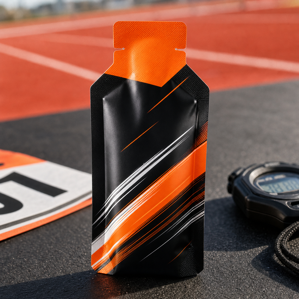Caffeinated energy gel race-day single-serve pouch packaging