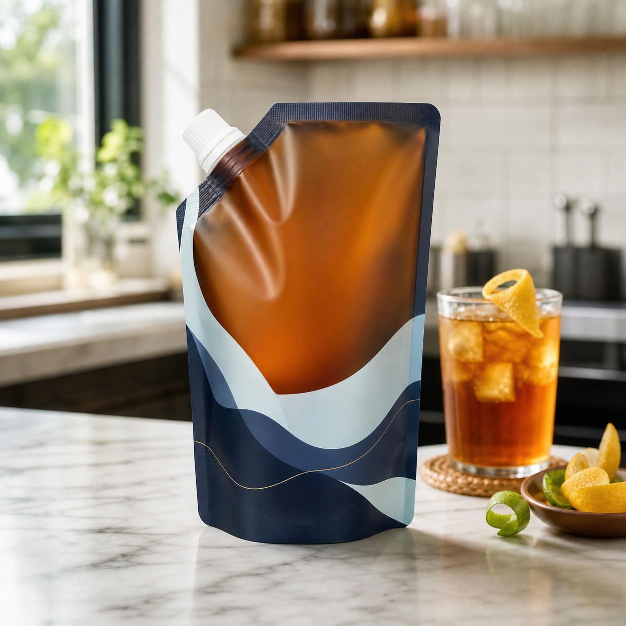 Custom cold-brew tea concentrate corner-spout pouch