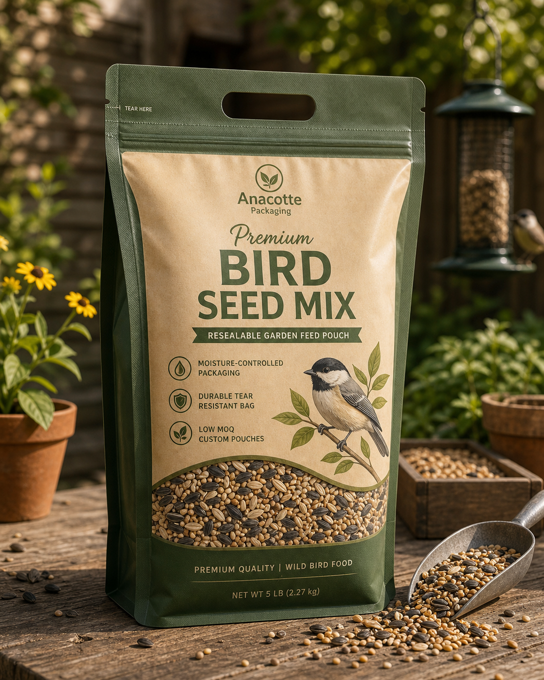 Custom bird seed packaging pouch by Anacotte Packaging