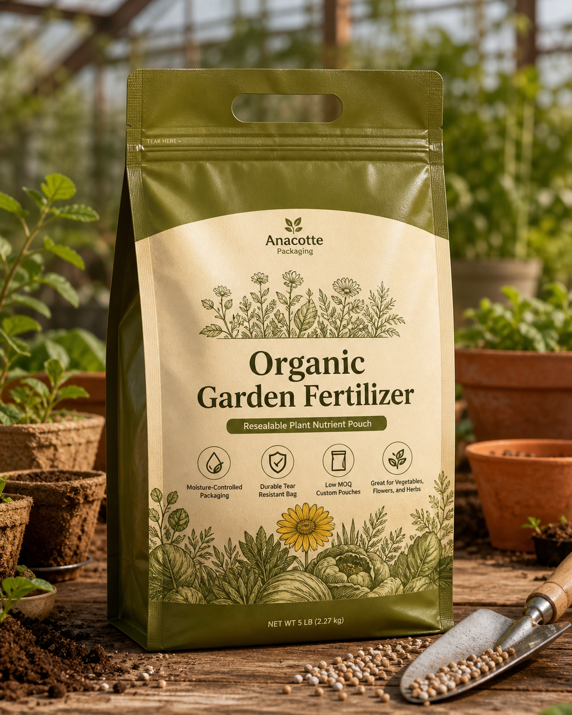Custom garden fertilizer packaging pouch by Anacotte Packaging