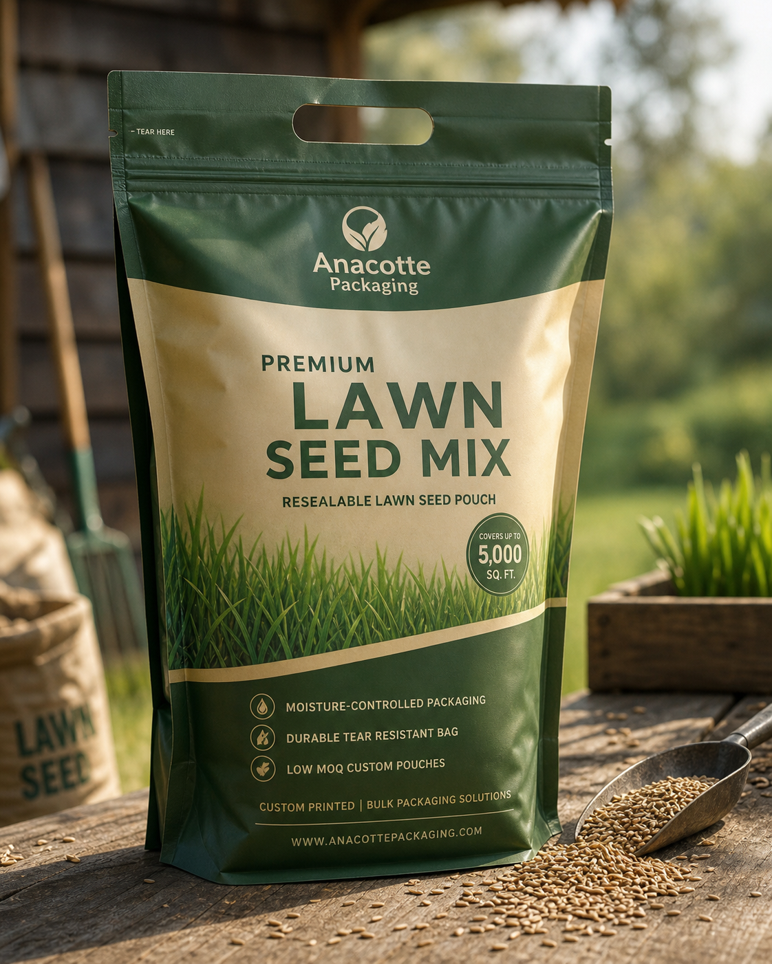 Custom lawn seed packaging pouch by Anacotte Packaging