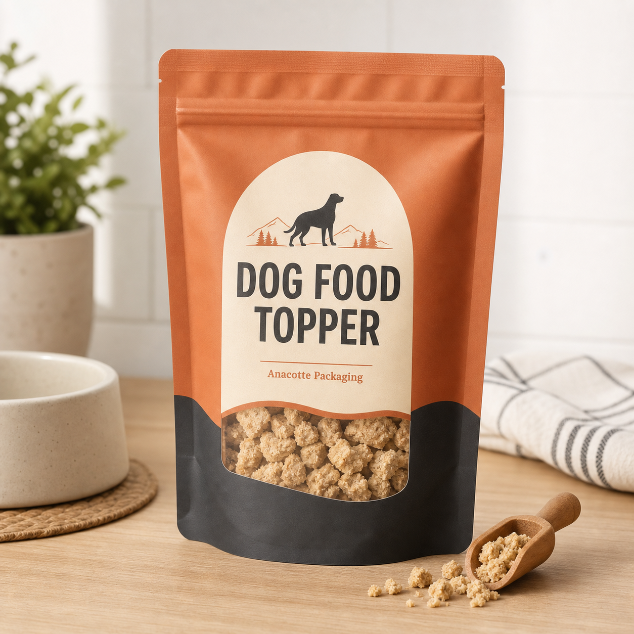 Freeze-dried dog food topper stand-up pouch for scoop-and-sprinkle use
