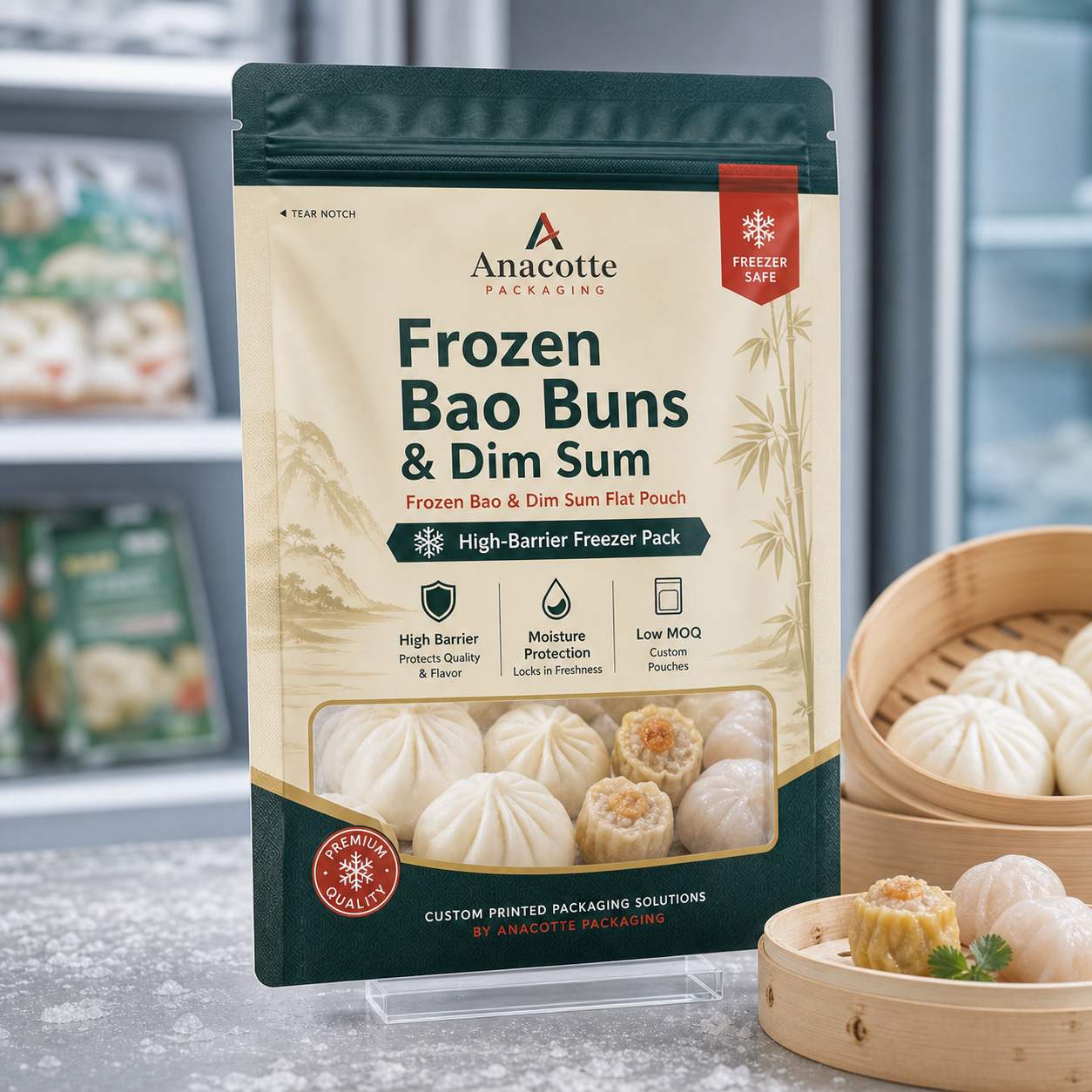 SOP-generierte Flachbeutelverpackungen mit hoher Barriere für gefrorene Bao-Brötchen und Dim-Sum