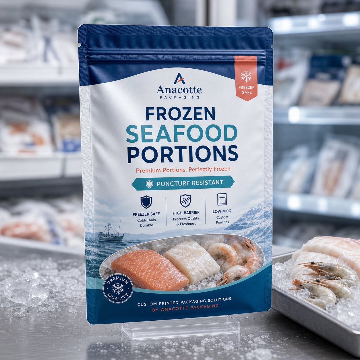 SOP-generierte punktionsfeste Flachbeutelverpackung für gefrorene Meeresfrüchteportionen