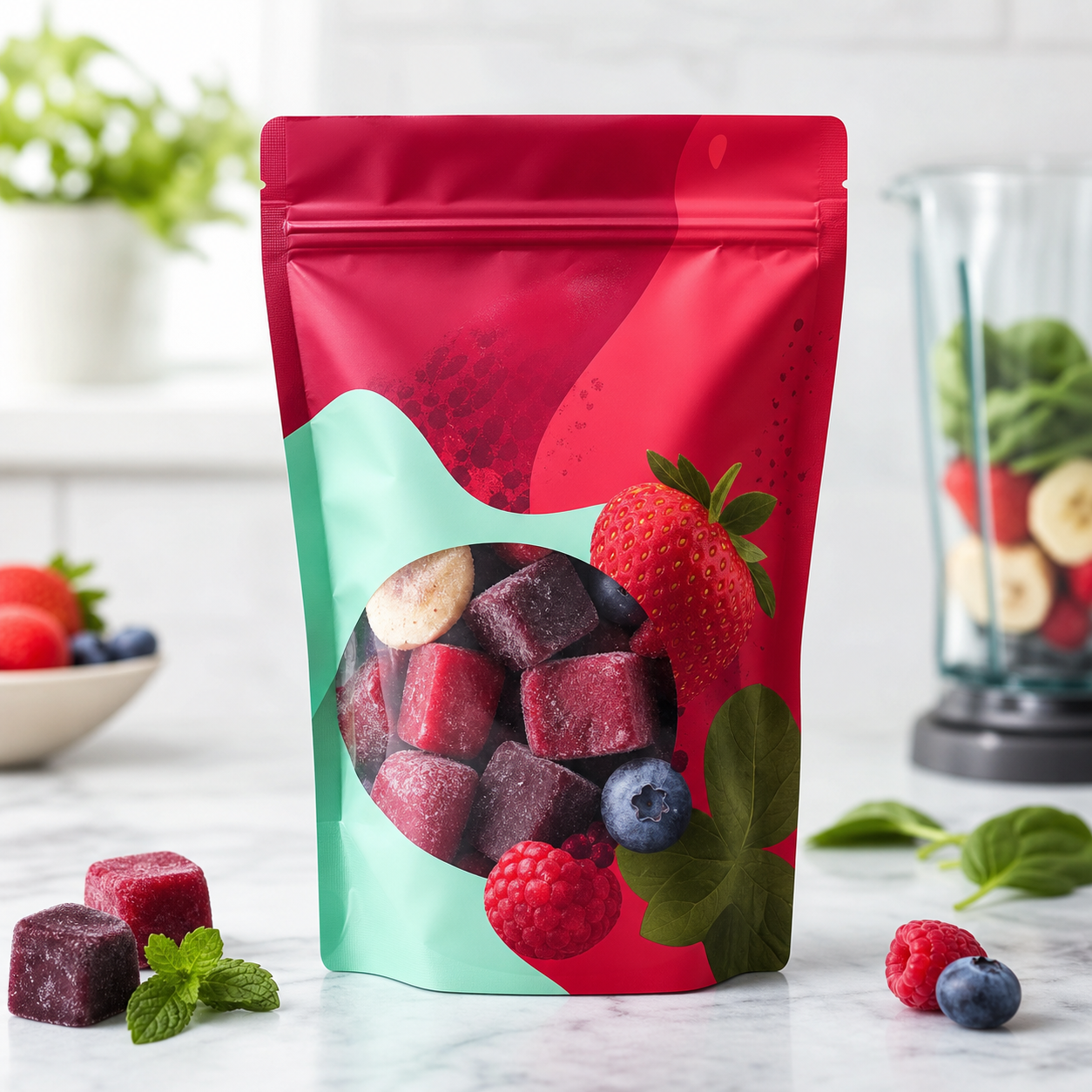 Frozen smoothie cube resealable pouch for blender-ready fruit portions